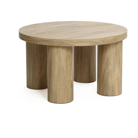 LuxenHome Oak Finish Manufactured Wood Round Coffee Table with 4 Pillar Legs | Walmart (US)