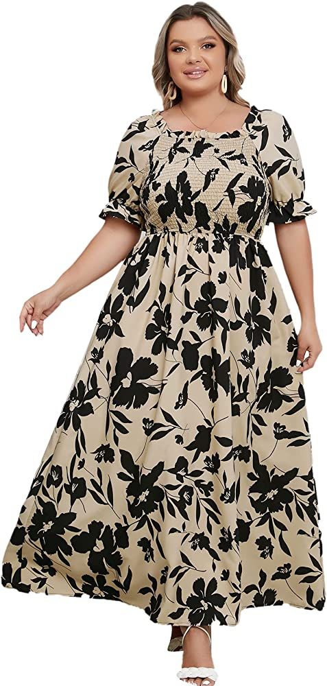 MakeMeChic Women's Plus Size Boho Floral Short Sleeve High Waist A Line Swing Maxi Dress | Amazon (US)