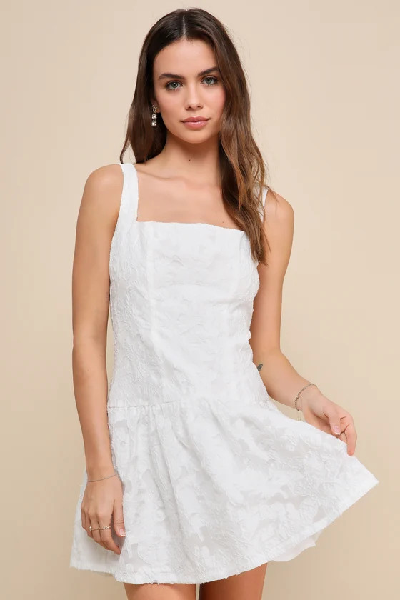 Exuberant Elegance White Jacquard Drop Waist Mini Dress | Lulus