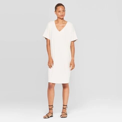 Women's Short Sleeve V-Neck Essential Midi T-Shirt Dress - Prologue Off White | Target