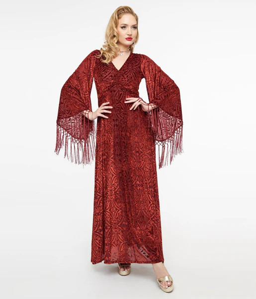 Smak Parlour 1970s Burgundy Velvet Burnout Fringe Sleeve Stevie Maxi Dress | UniqueVintage