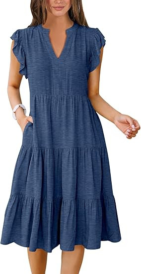 ANRABESS Womens Summer Dress Ruffle Sleeve V Neck Midi Dresses Fashion Casual Fit Flowy Tiered Bo... | Amazon (US)
