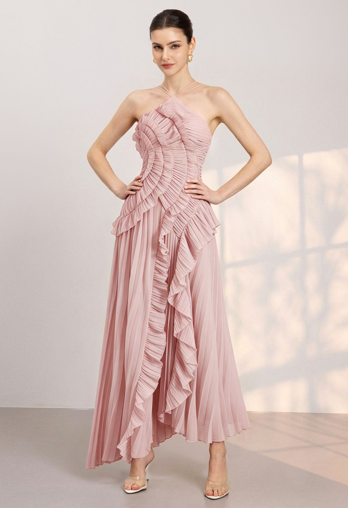 Asymmetrical Ruffle Halter Tie-Neck Pleated Maxi Dress in Pink for Anniversary Dinner & Art Openi... | Chicwish