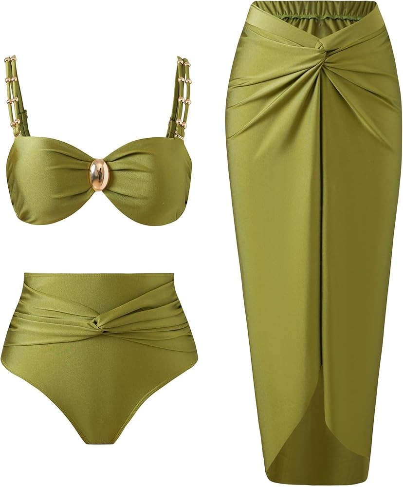 Women's One Piece Swimsuit with Cover up Set Beach Wrap Skirt Retro Bikini Set Two Piece Bathing ... | Amazon (US)