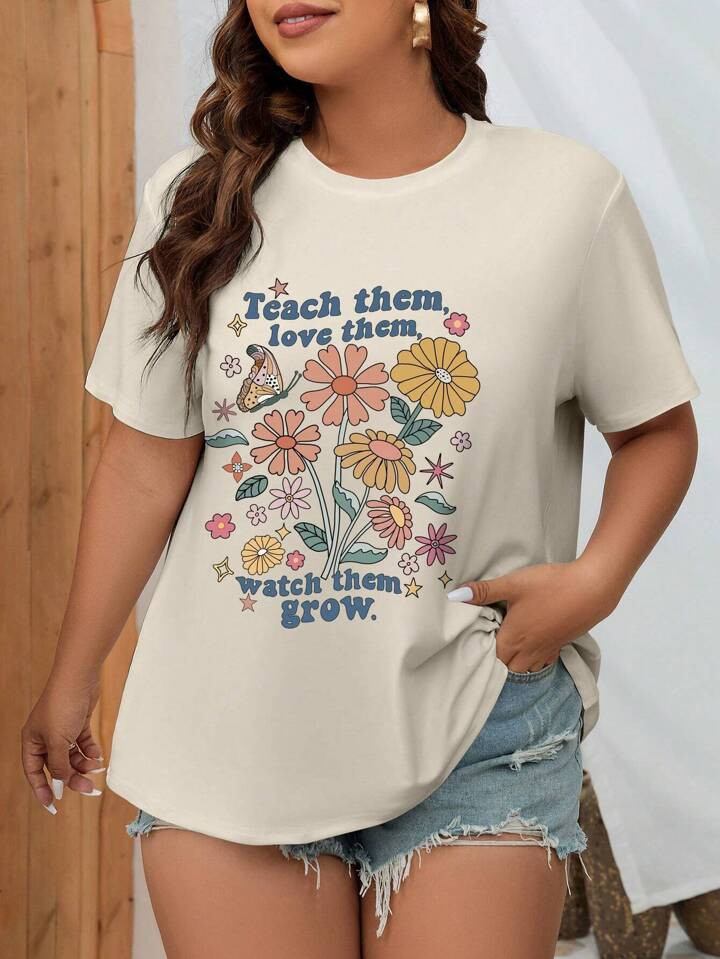 SHEIN Essnce Plus Floral & Slogan Graphic Tee | SHEIN
