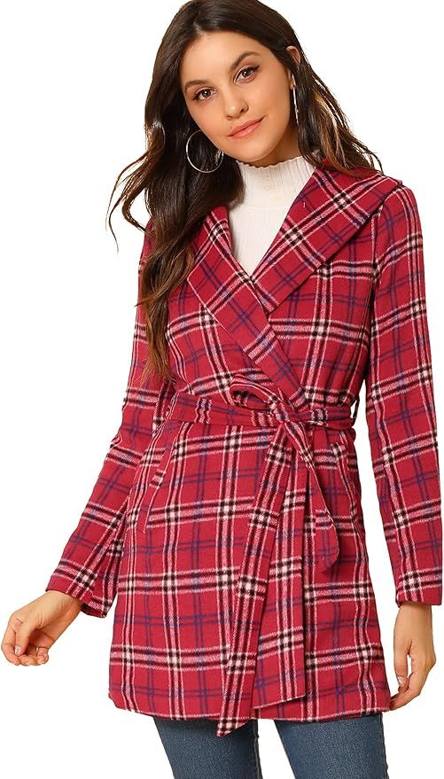 Allegra K Women's Shawl Collar Check Belted Wrap Plaid Coat with Pockets | Amazon (US)