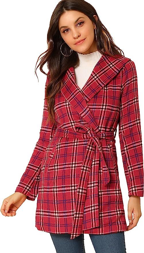 Allegra K Women's Shawl Collar Check Belted Wrap Plaid Coat with Pockets | Amazon (US)