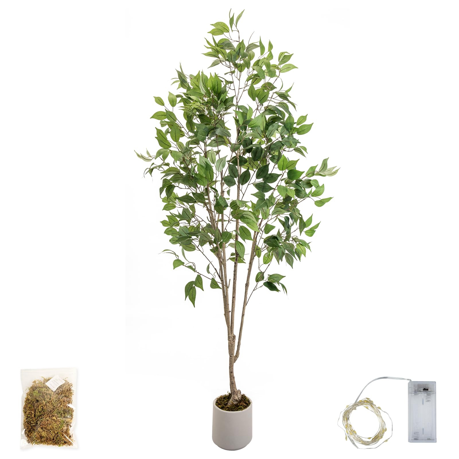 Artificial Fake Ficus Tree 6FT Tall 1Pack with String Lights & White Planter & Free Moss, Artific... | Amazon (US)