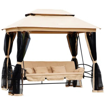 3-Seat Patio Swing Chair, Outdoor Gazebo Swing With Double Tier Canopy, Mesh Sidewalls, Cushioned Seat And Pillows, Beige | Wayfair North America