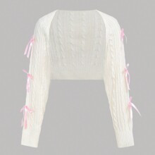 Teen Girls' Solid Color Cable Knit Bow Decor Casual Cropped Cardigan | SHEIN