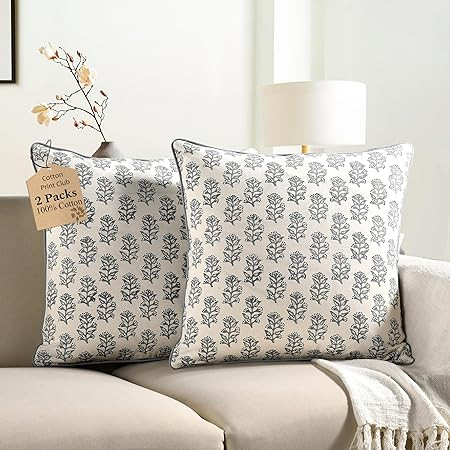 CPC 100% Cotton Throw Pillow Covers 20x20 Inch, Set of 2 Block Print Pattern Couch Pillow with Hi... | Amazon (US)