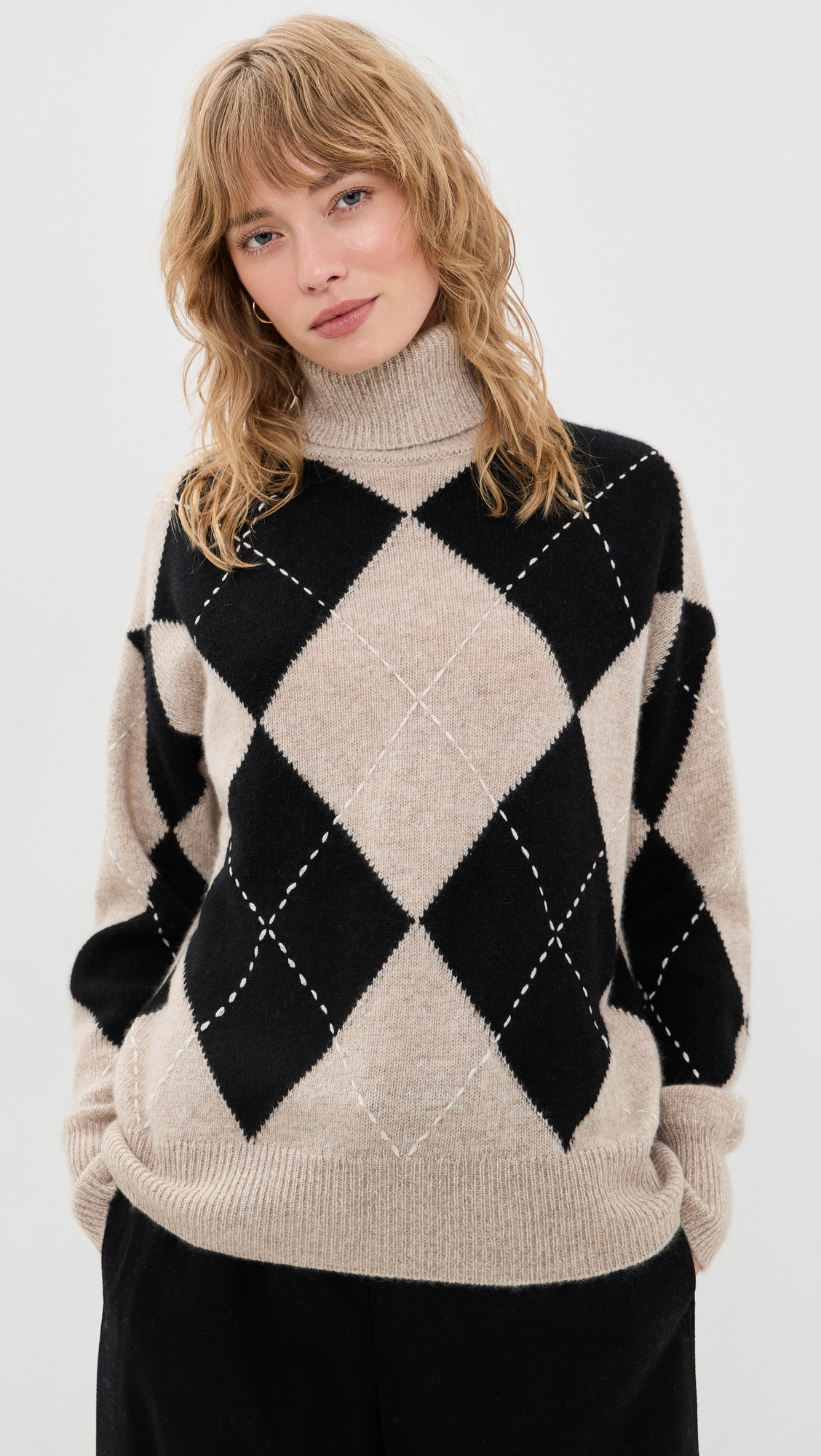White & Warren Cashmere Argyle Turtleneck Pullover Taupe Heather Marl XS | Shopbop