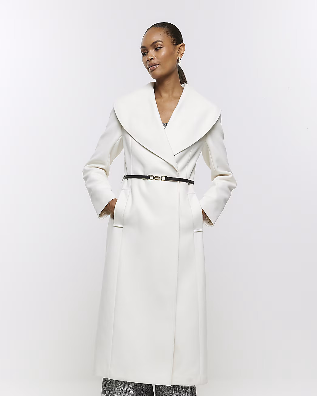 Cream belted wrap longline coat | River Island (UK & IE)