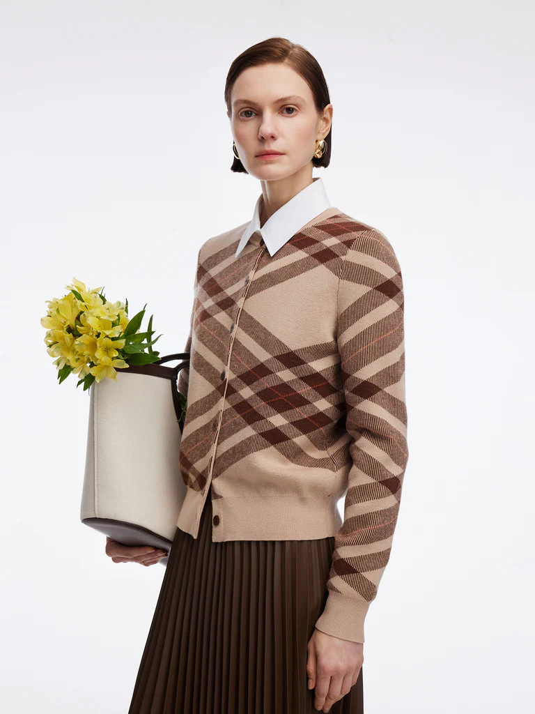 Tencel Wool Blend Plaid Women Cardigan | GOELIA