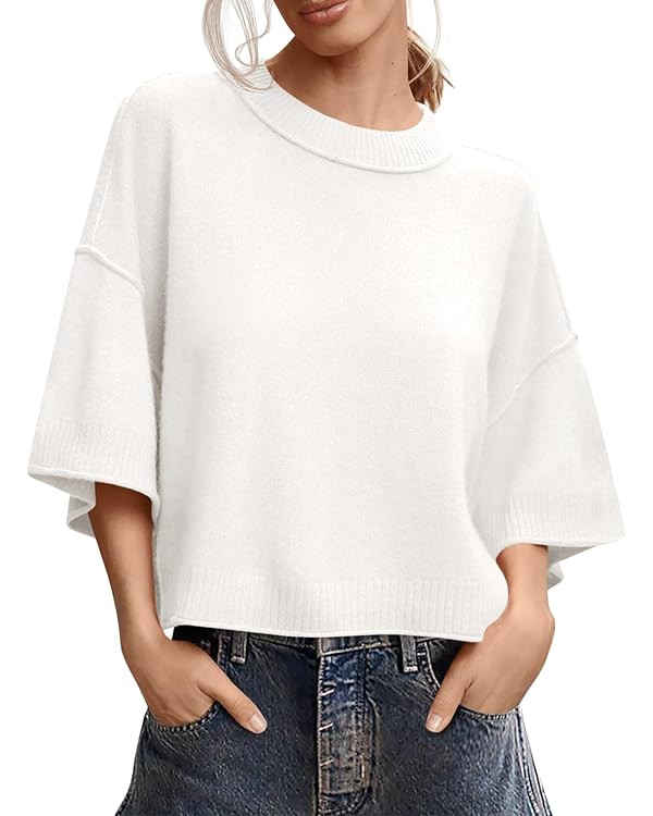 Saodimallsu Womens Short Sleeve Sweater Summer Oversized Cropped Sweaters Casual Crewneck Lightwe... | Amazon (US)