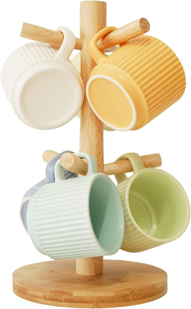 Mug Holder 1 Pack Dia 6.7" Large Thicken Base Steady Wood Coffee Cup Rack with 6 Hooks Stand for ... | Amazon (US)