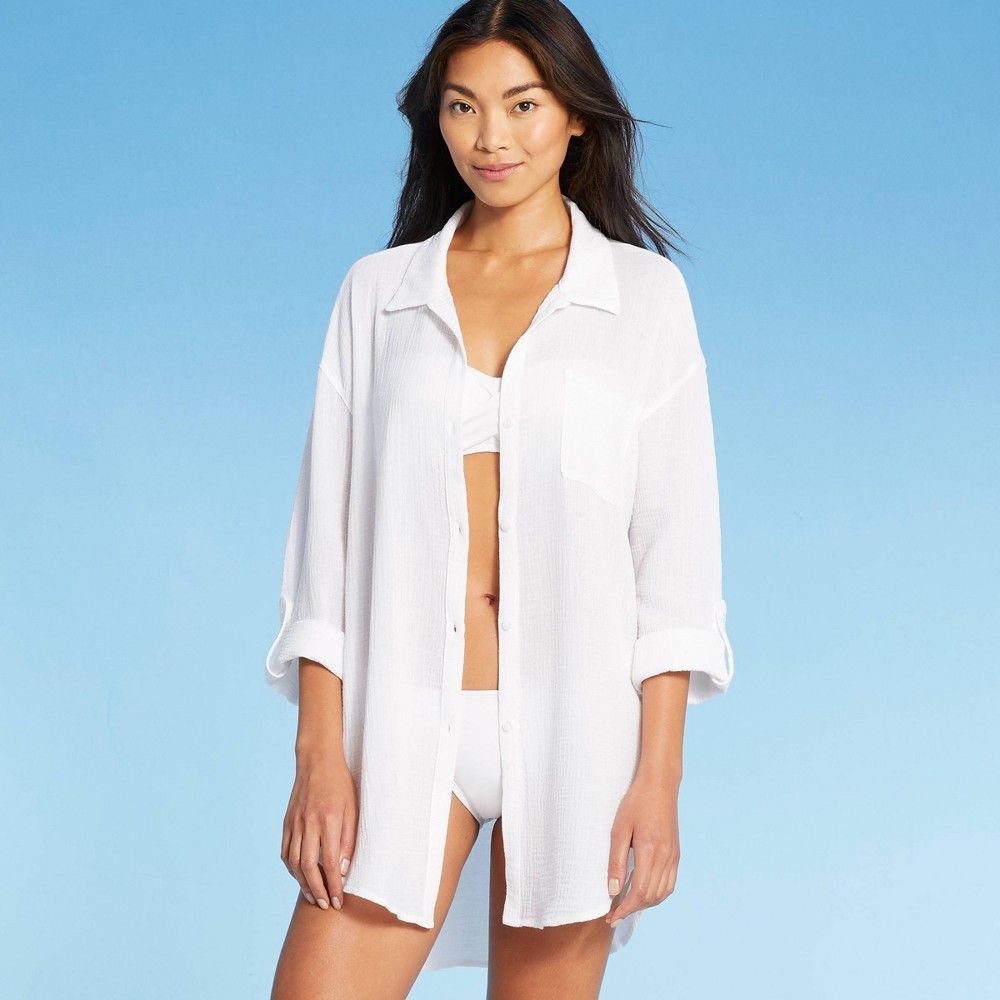 Women's Button-Up Cover Up Shirtdress - Kona Sol White M | Target