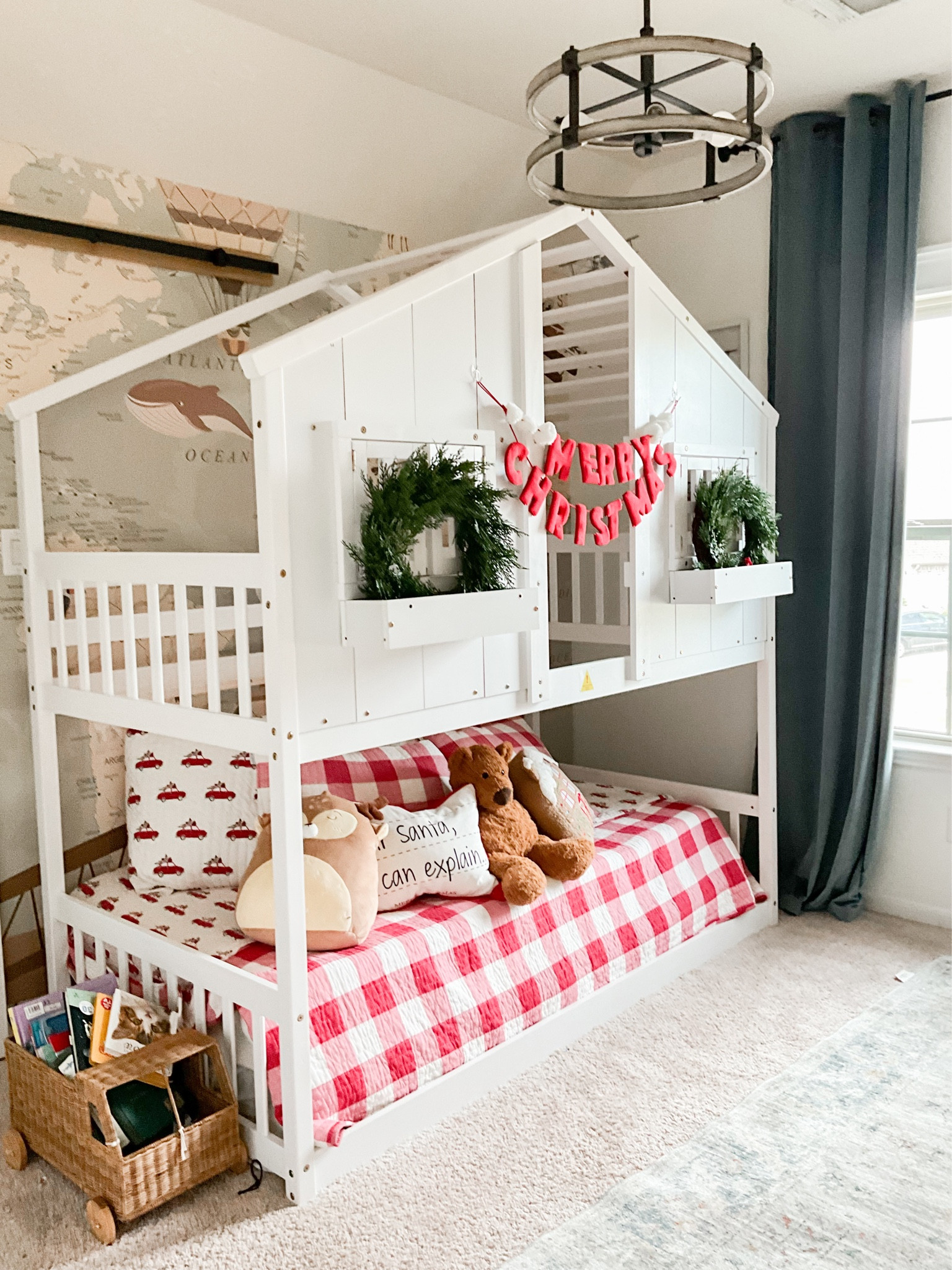 Little boys Christmas bedroom! 
Christmas, Christmas bedding, bunk bed, plaid, loloi, red decor, Christmas throw blankets, curtains, Christmas wreaths 

#LTKhome #LTKHoliday #LTKSeasonal
