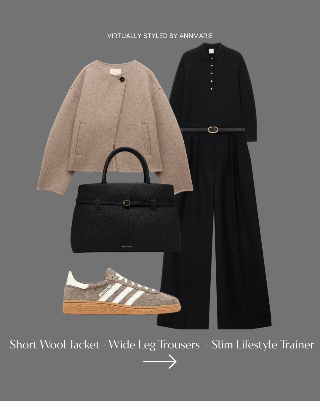 Winter outfit formula of short wool jacket & wide bottoms 