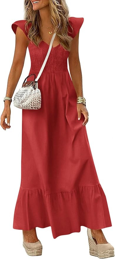 PRETTYGARDEN Women's 2026 Summer Casual Maxi Dresses Cap Sleeve V Neck Smocked Long Pockets Party... | Amazon (US)