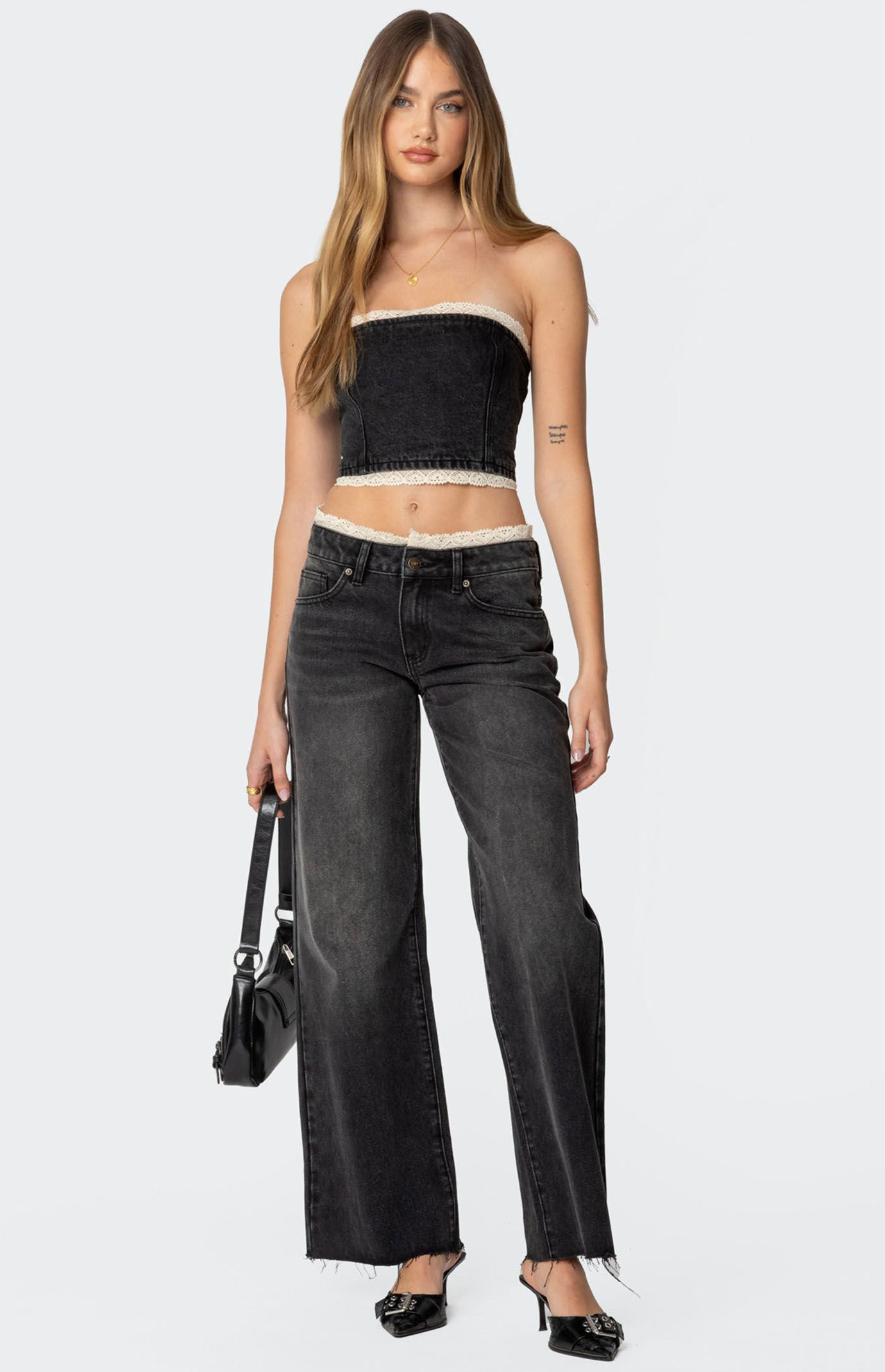 Edikted Women's Karlie Lace Trim Jeans in Washed Black - Size Small | PacSun