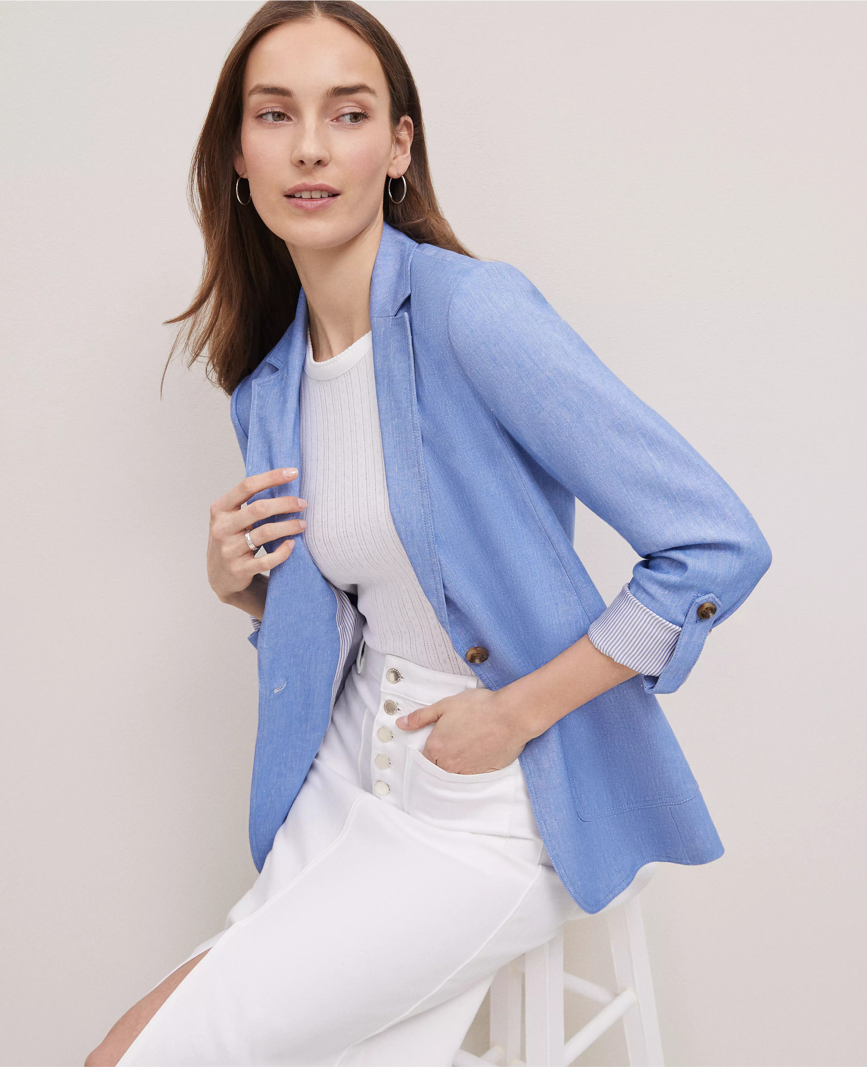 Weekend Collection Roll Sleeve Linen-Blend Blazer | Ann Taylor