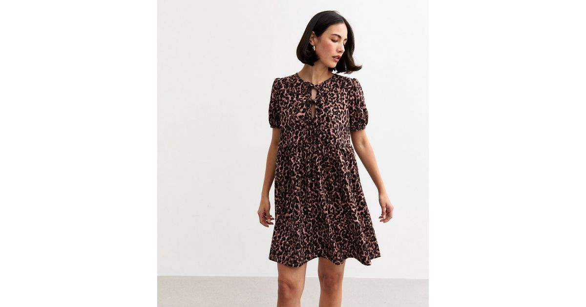 Brown Crinkled Leopard Print Tie Front Mini Dress | New Look | New Look (UK)