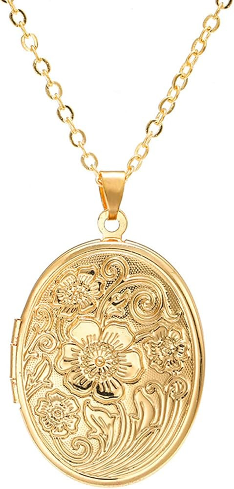Vintage Engraved Flower Empaistic Photo Locket Hold Picture Oval Round Pendant Necklace Antique C... | Amazon (US)