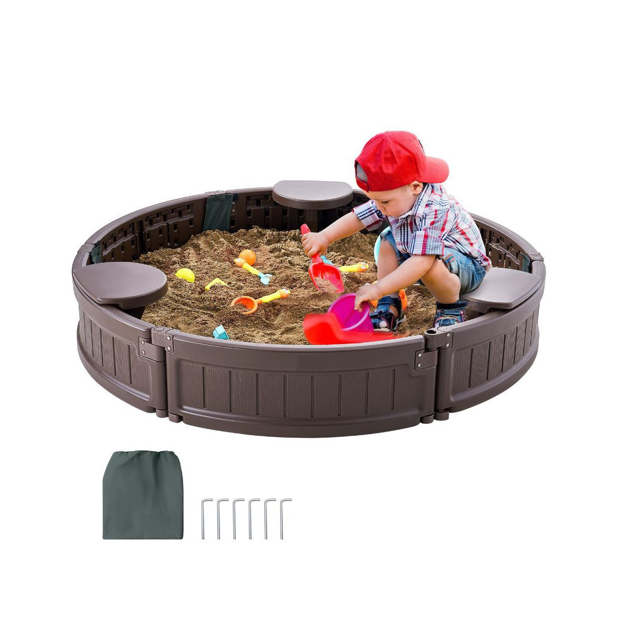 Slickblue Sandbox with Cover, 47.2 x 9.1 in Round Sand Box, Hdpe Sand Pit with 3 Corner Seating and Bottom Liner - Brown | Macy's