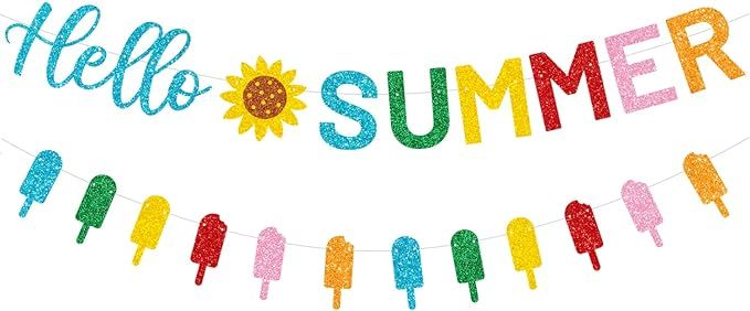 CAVLA Glitter Hello Summer Banner with Sunflower Signs and Colorful Glittery Popsicle Banner Hell... | Amazon (US)