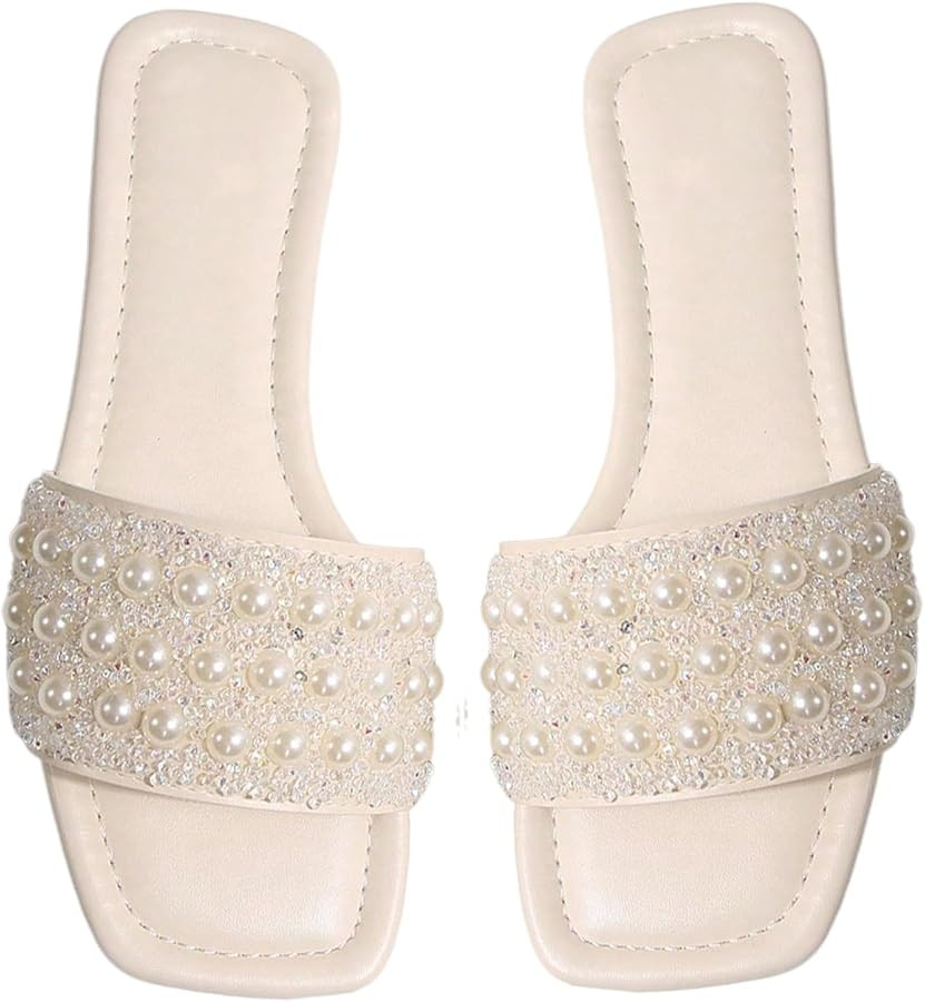 BEAUDRM Women's Sparkly Dressy Flat Sandals Glitter Jeweled Pearls Beaded Slippers Open Toe Slide... | Amazon (US)