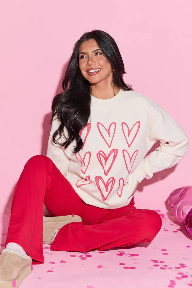 Sketched Hearts Cream Graphic Sweatshirt | Pink Lily