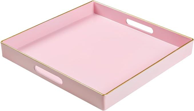 MAONAME Decorative Tray, Pink Serving Tray with Handles, Coffee Table Tray, Square Plastic Tray f... | Amazon (US)