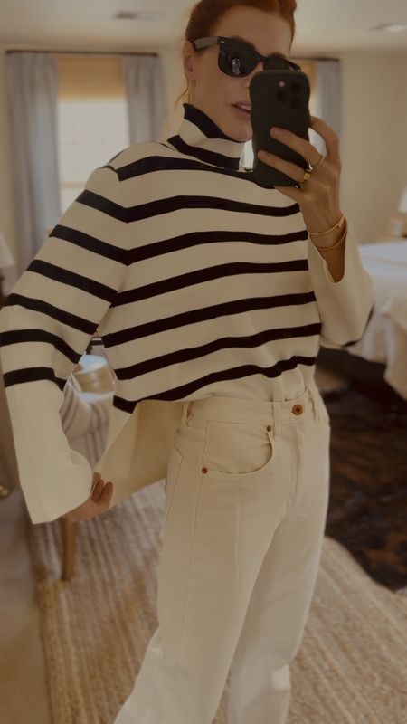 These cream jeans and this striped sweater are simply a must have for fall. This sweater is inspired by a Toteme striped sweater and these cream pants have been my winner of the season- making everything look cooler. 
Add my new loafers (not seen here but tagged) and you are set! 

#LTKU #LTKworkwear #LTKfindsunder100