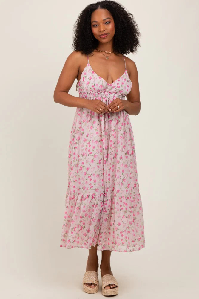 Pink Floral V-Neck Sleeveless Side Tie Midi Dress | PinkBlush Maternity