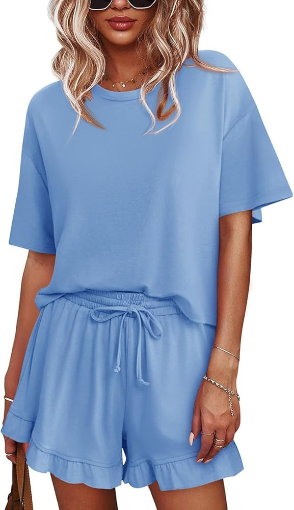 Tankaneo Womens 2 Piece Shorts Set Summer Casual Short Sleeve T Shirts Drawstring Ruffle Shorts P... | Amazon (US)