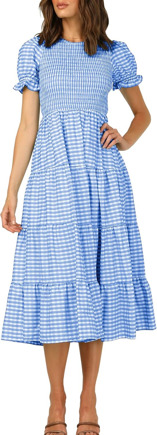 CCTOO Women's Dresses Casual Plaid Round Neck Short Puff Sleeve Ruffled Flowy Pleated Boho Midi G... | Amazon (US)