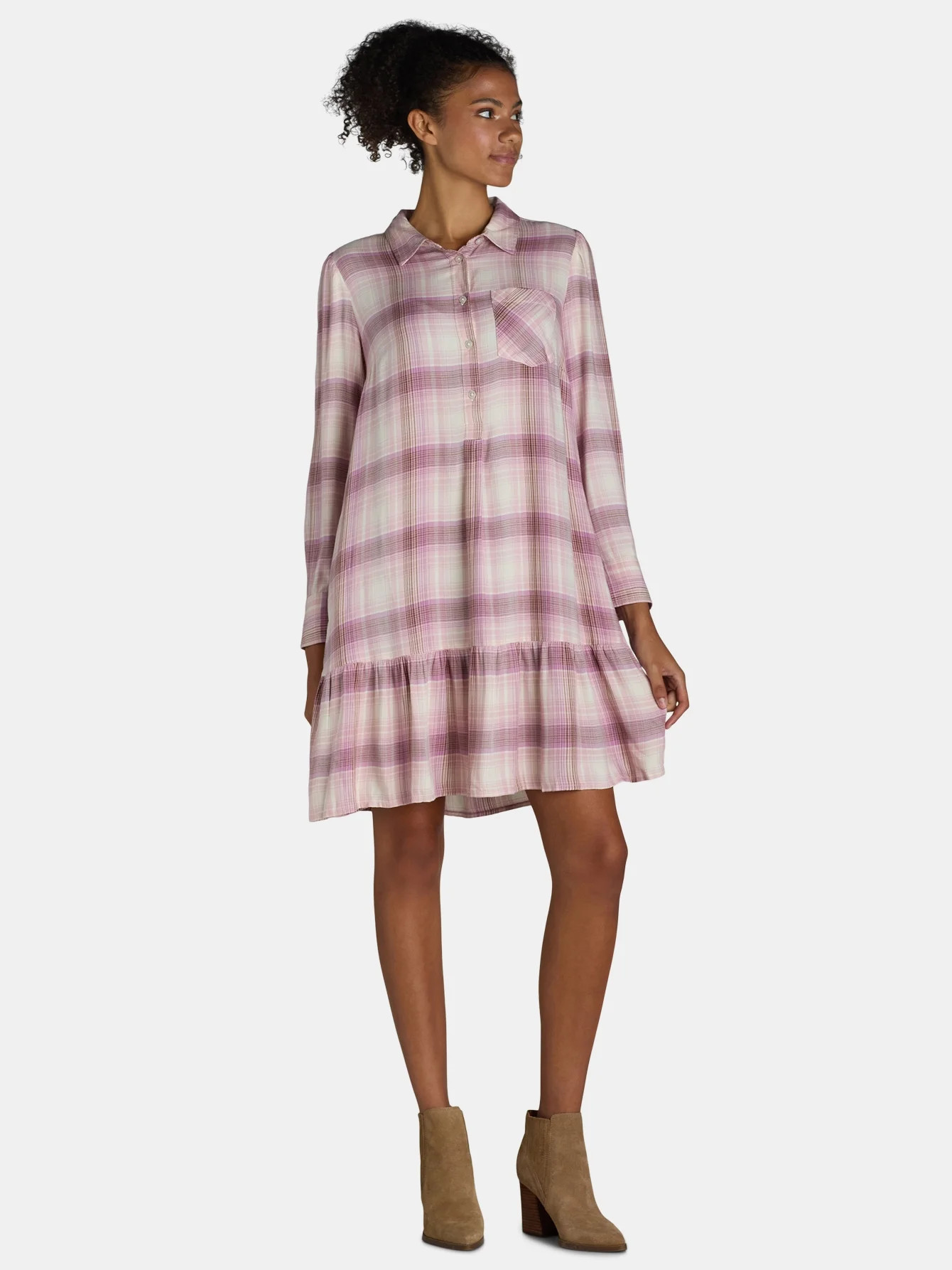 Time and Tru Women's and Women's Plus Ruffle Hem Mini Shirt Dress with Long Sleeves, Sizes XS-4X | Walmart (US)
