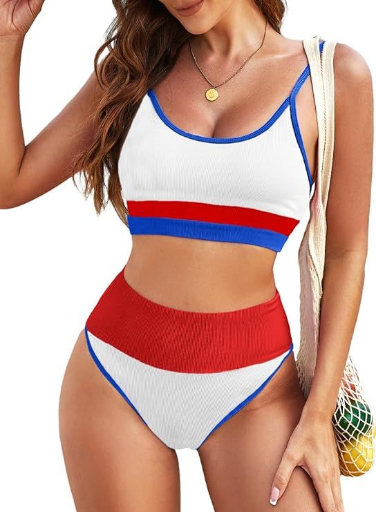 Herseas 2 Piece High Waisted Bikini Set for Women Cute Color Block Striped Sporty Swimsuit Knit R... | Amazon (US)