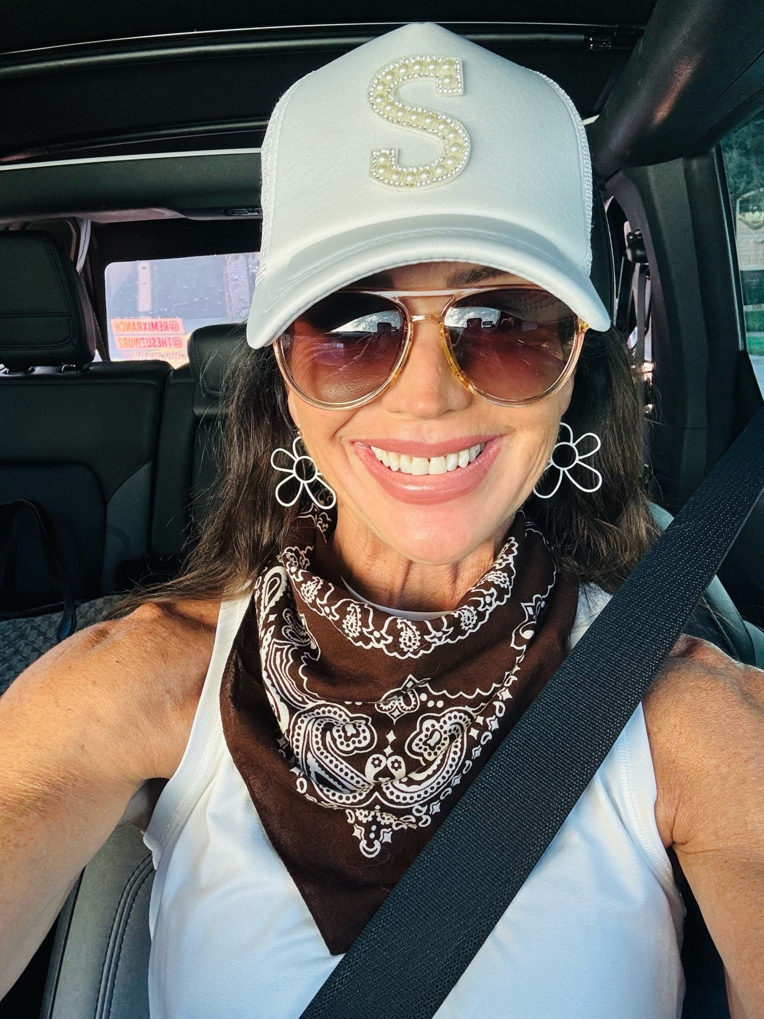Accessories that make the look fun!! Bandana, trucker hat, cute earrings and sunnies were about all I could do with 100 degree temps!!

#LTKootd #LTKOver40 #LTKActive