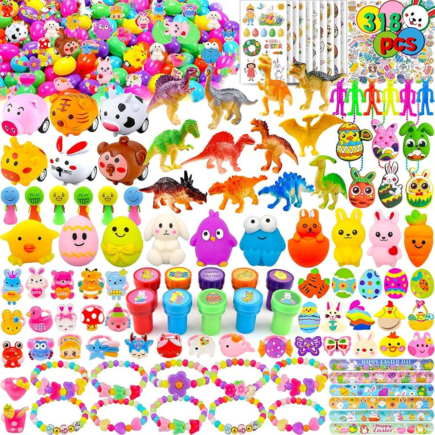 318 pcs Filled Easter Eggs 100 pack Easter Eggs Bulk wtih 218 Toys inside Small Toys for Easter E... | Amazon (US)