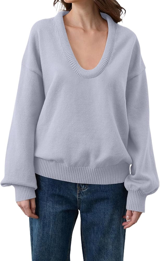 Livtany Women’s Oversized Ribbed Deep V Neck Sweater Long Sleeve Drop Shoulder Pullover Top Cas... | Amazon (US)
