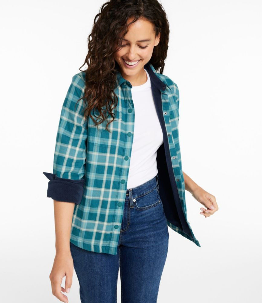 Women's Fleece-Lined Flannel Shirt, Snap-Front Plaid Shade Teal Medium, Flannel/Rubber L. L.Bean | L.L. Bean