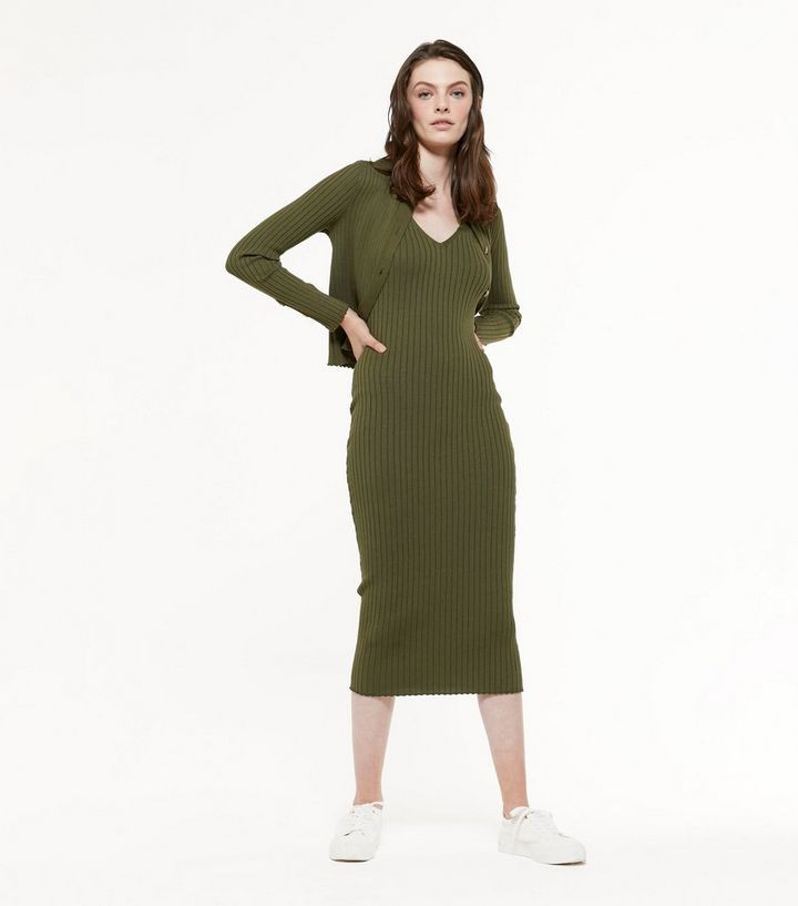 Khaki Ribbed Knit Midi Dress and Cardigan Set
						
						Add to Saved Items
						Remove from S... | New Look (UK)