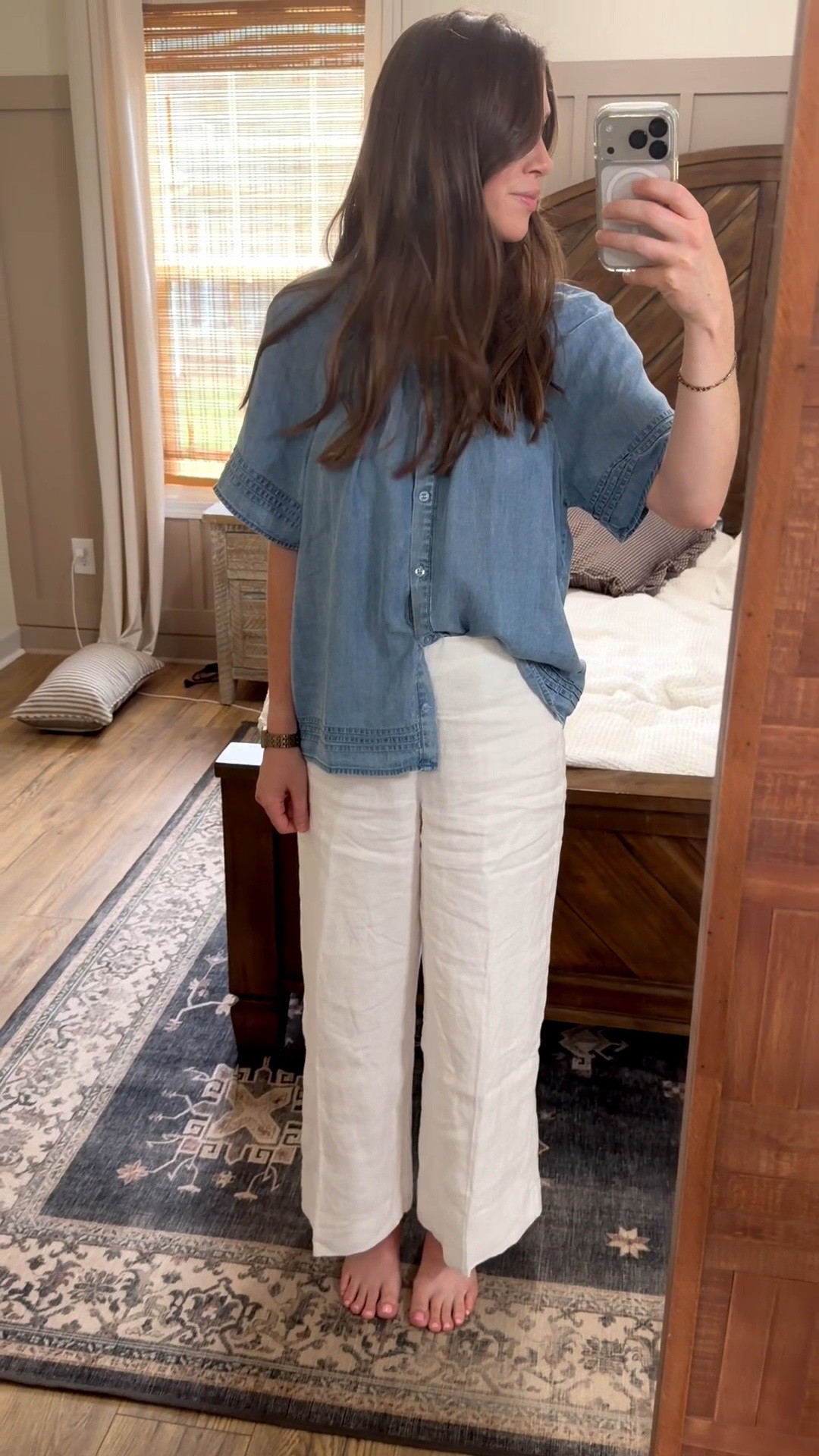 | the best fitting wide leg white linen pants | summer linen pants | business casual outfit ideas | beach outfit ideas | travel outfits | jean and linen | denim blouse |

*size 26 in pants

#LTKootd #LTKWorkwear #LTKmomlife