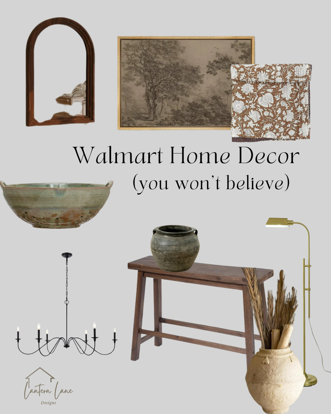 Walmart home decor you won't believe, vintage bench, floor lamp. large vase, chandelier, large mirror, quilt, vintage art, arched mirror 

 #LTKHome #LTKSaleAlert #LTKFindsUnder100