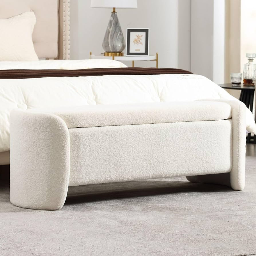 White Boucle Storage Bench 50" Sherpa End of Bed Storage Ottoman Bench Modern Upholstered Bench f... | Amazon (US)
