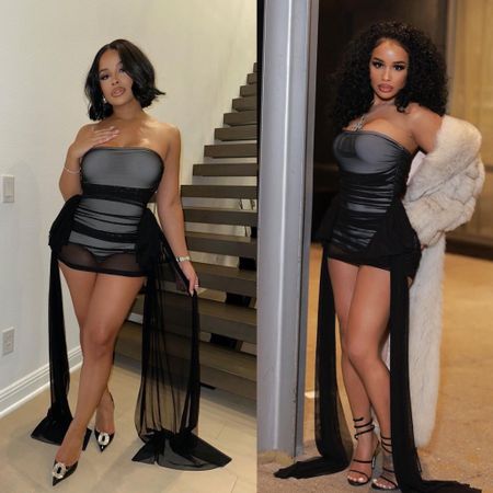 #whoworeitbetter ? Both @latainax3 and @dreamdoll stepped out for #newyearseve in the same $395 @normakamali Ruffled sheer mesh pickle ball minidress. While #latainax3 paired hers with @machandmach heels, #dreamdoll paired hers with #renecaovilla sandals and a fur coat. Both look 💣 but #wwib ? Can’t decide ? Shop this dress at the #linkinbio under #shopourfeed ! 
📸 IG/ #latainafbd #dreamdollfbd 