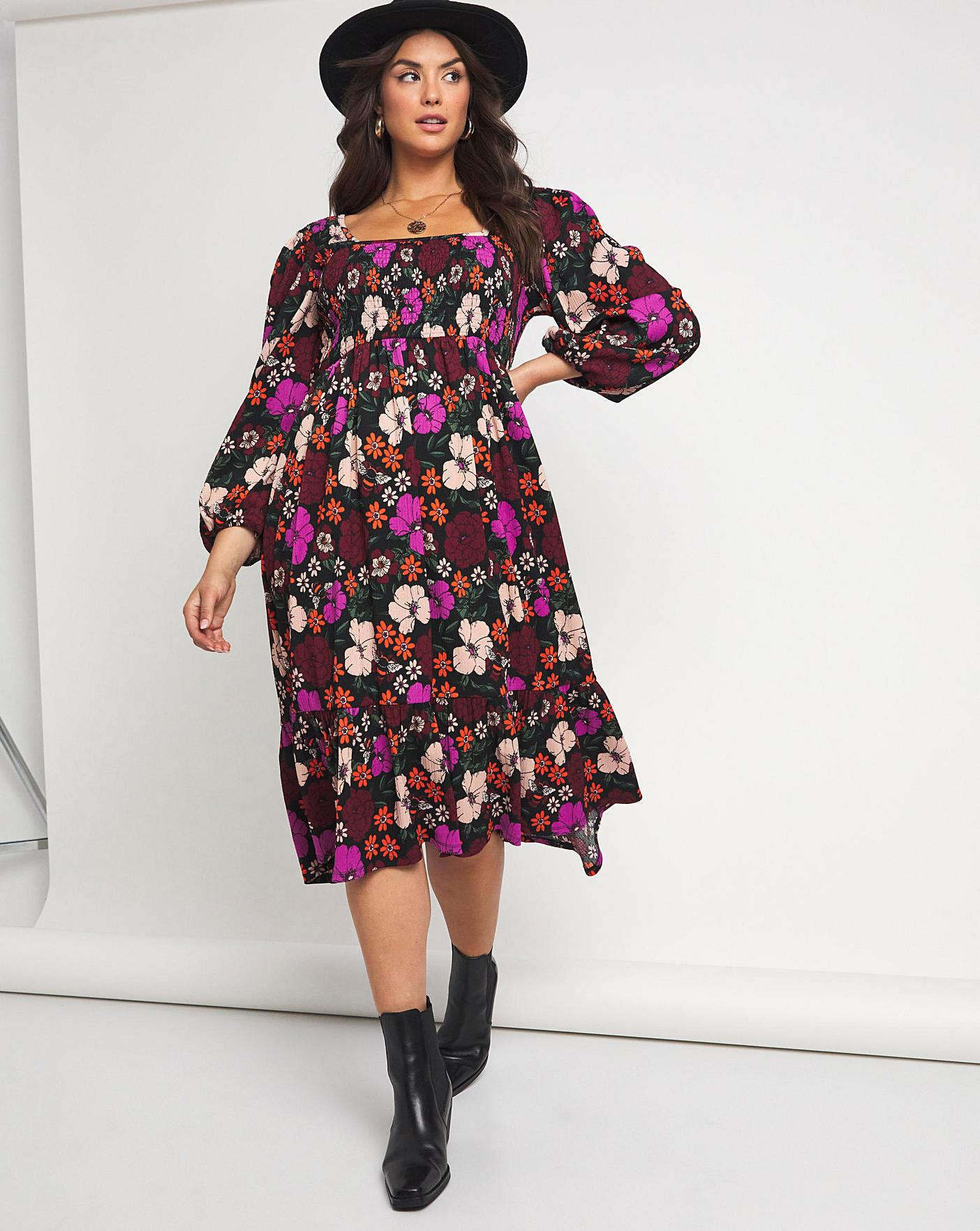 Emma Mattinson Floral Print Square Neck Shirred Waffle Tiered Midi Dress | Simply Be (UK)