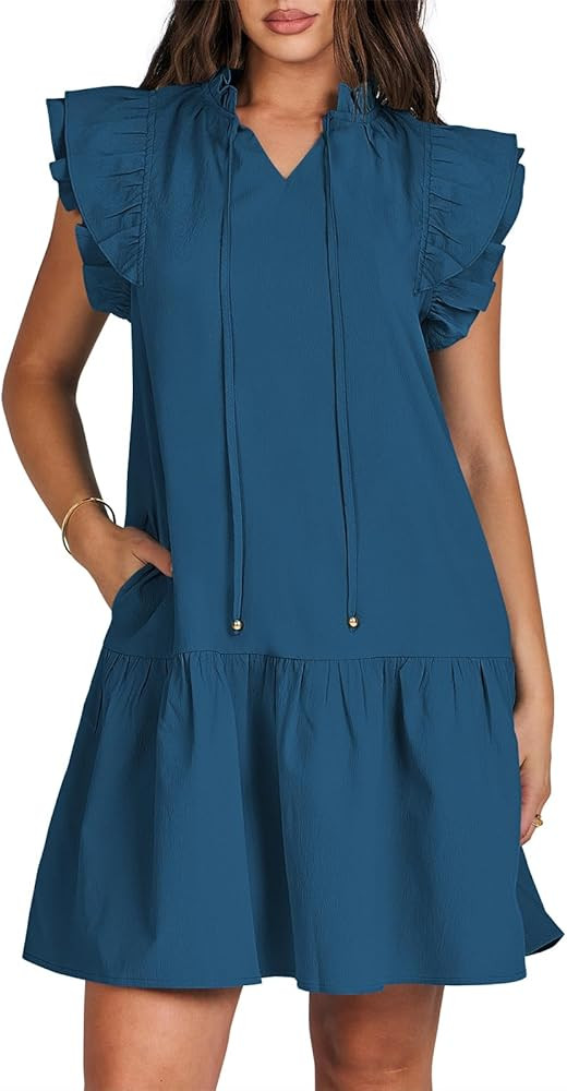 ANRABESS Womens Summer V-Neck Drawstring Ruffle Cap Short Sleeve Casual Shift Mini Dress with Poc... | Amazon (US)